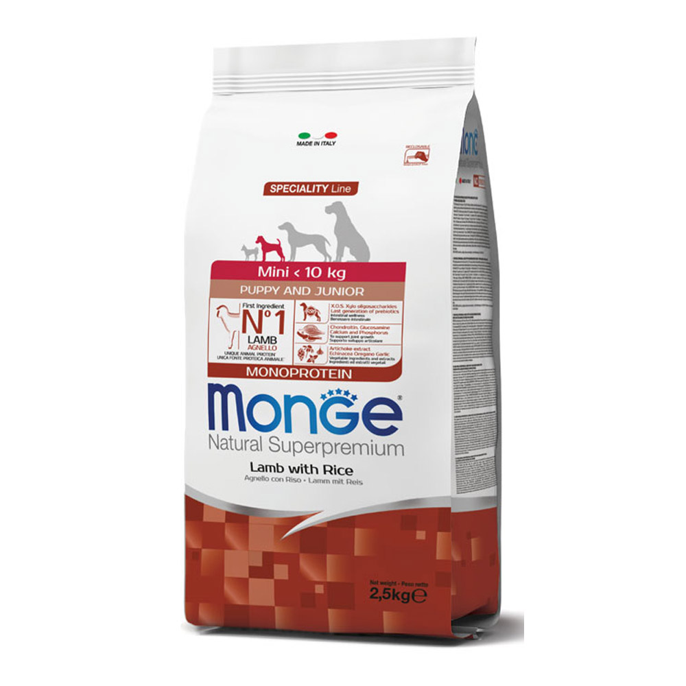 MONGE MINI PUPPY & JUNIOR MONOPROTEICO AGNELLO CON RISO 7.5 KG