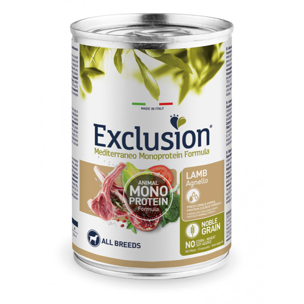 EXCLUSION MEDITERRANEO MONOPROTEICO UMIDO CANE ADULT ALL BREEDS AGNELLO 400 GR