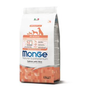 MONGE ALL BREEDS PUPPY & JUNIOR MONOPROTEICO SALMONE CON RISO 2.5 KG