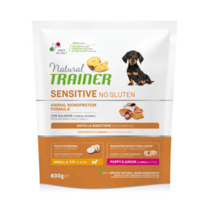 NATURAL TRAINER SENSITIVE PUPPY & JUNIOR SMALL & TOY SENSITIVE NO GLUTEN SALMONE 800 GR